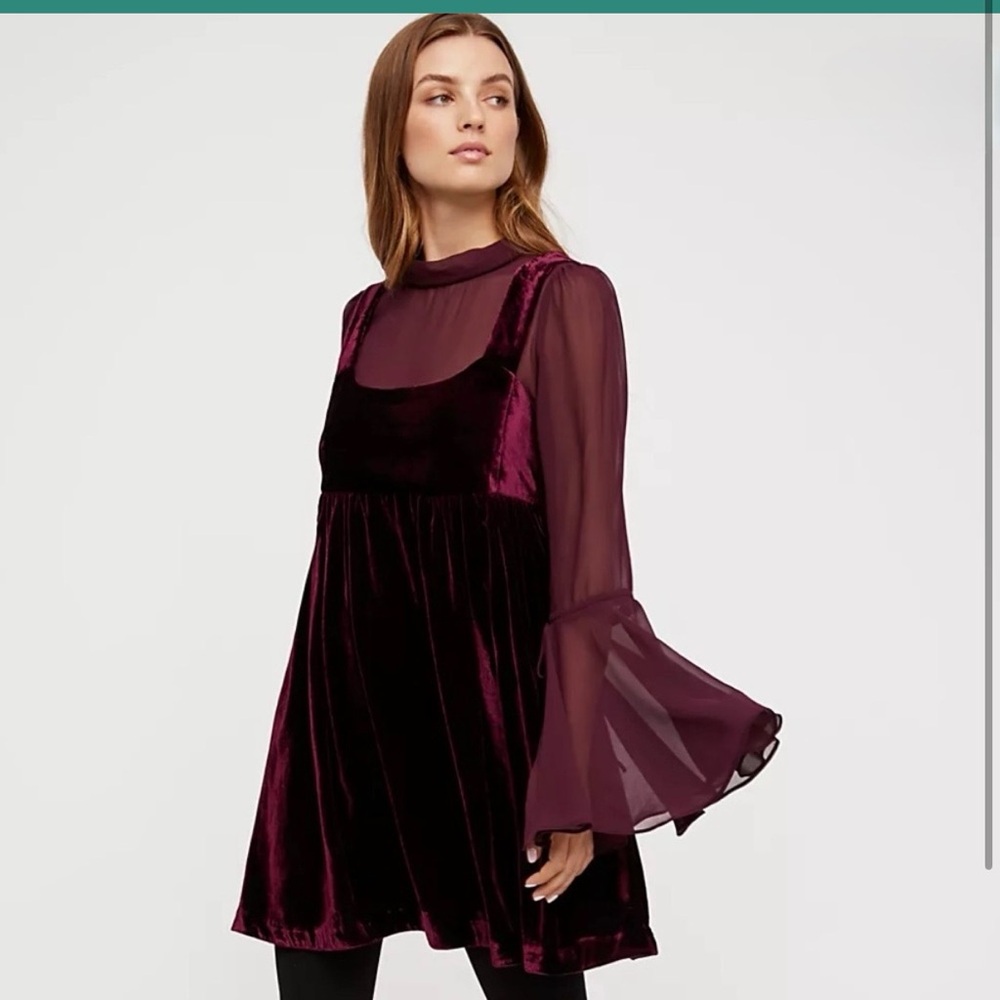 Free People burgundy Counting Stars Mini Dress size xs sheer sleeves mini wine